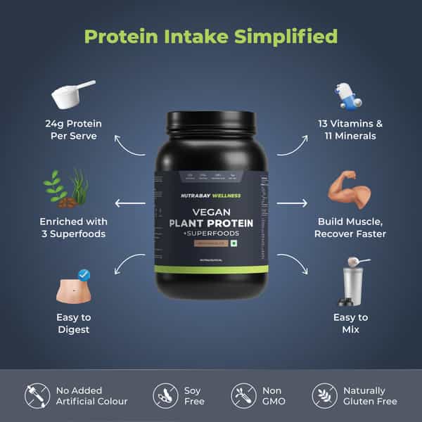 Nutrabay Wellness Vegan Plant Protein Powder + Superfoods Rich Chocolate - 1Kg