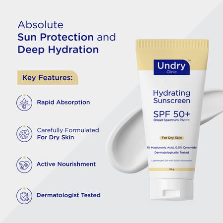 Undry Hydrating Sunscreen For Dry Skin Spf 50 (50Gm) Lightweight | No White Cast With Ha & Ceramide