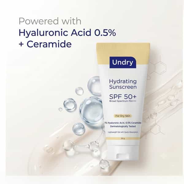 Undry Hydrating Sunscreen For Dry Skin Spf 50 (50Gm) Lightweight | No White Cast With Ha & Ceramide