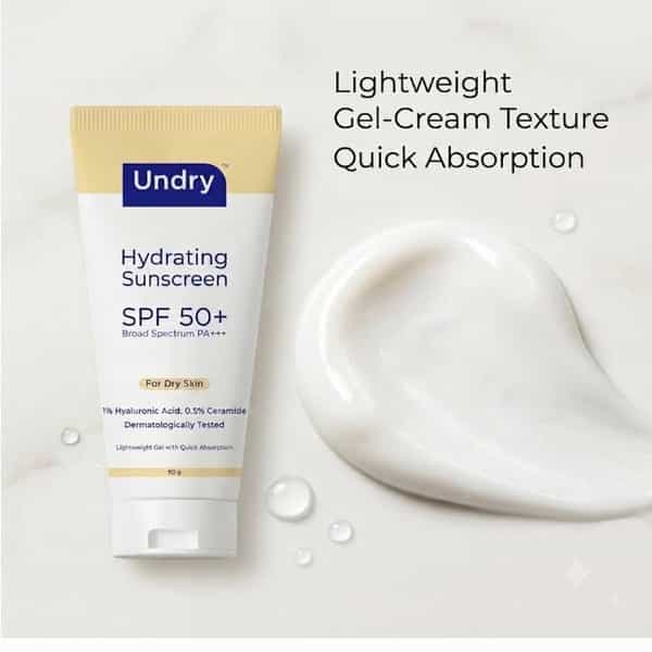 Undry Hydrating Sunscreen For Dry Skin Spf 50 (50Gm) Lightweight | No White Cast With Ha & Ceramide