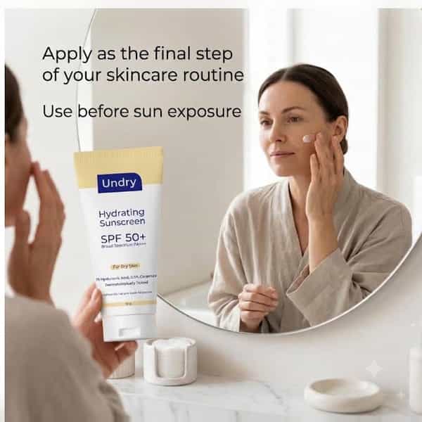 Undry Hydrating Sunscreen For Dry Skin Spf 50 (50Gm) Lightweight | No White Cast With Ha & Ceramide
