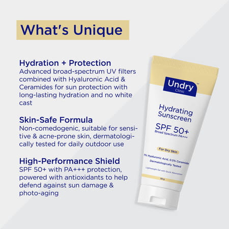 Undry Hydrating Sunscreen For Dry Skin Spf 50 (50Gm) Lightweight | No White Cast With Ha & Ceramide