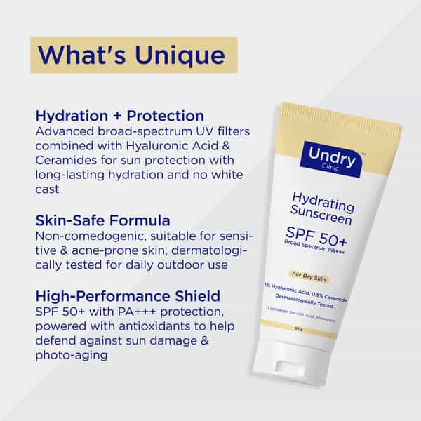 Undry Hydrating Sunscreen For Dry Skin Spf 50 (50Gm) Lightweight | No White Cast With Ha & Ceramide