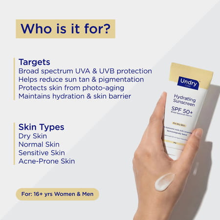 Undry Hydrating Sunscreen For Dry Skin Spf 50 (50Gm) Lightweight | No White Cast With Ha & Ceramide