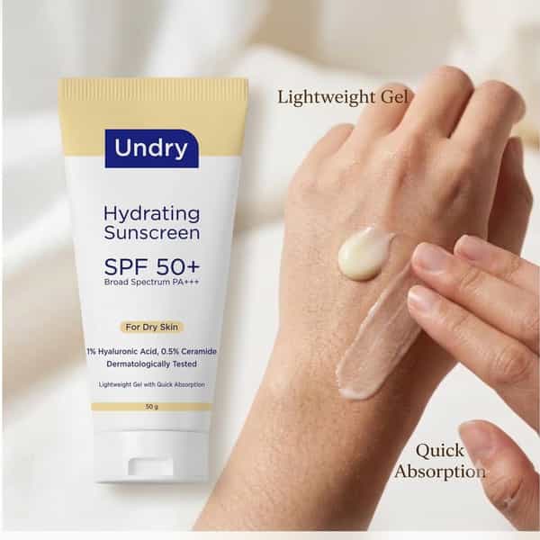 Undry Hydrating Sunscreen For Dry Skin Spf 50 (50Gm) Lightweight | No White Cast With Ha & Ceramide