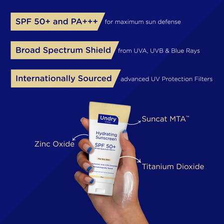 Undry Hydrating Sunscreen For Dry Skin Spf 50 (50gm) Lightweight | No White Cast With Ha & Ceramide