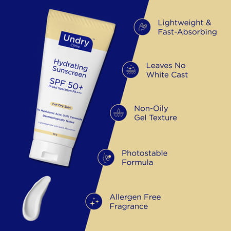 Undry Hydrating Sunscreen For Dry Skin Spf 50 (50gm) Lightweight | No White Cast With Ha & Ceramide