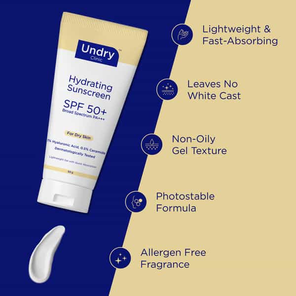 Undry Hydrating Sunscreen For Dry Skin Spf 50 (50Gm) Lightweight | No White Cast With Ha & Ceramide