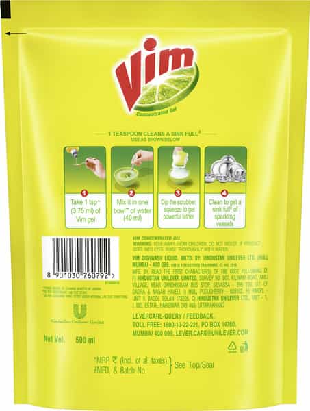 Vim Dishwash Liquid Gel Lemon - 500Ml Refill Pouch