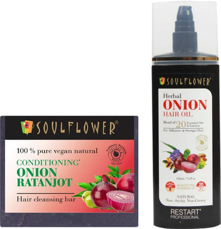 Soulflower Onion Hair Oil ( 220ml )& Conditioning Onion Ratanjot Hair Cleansing Soap (150g)