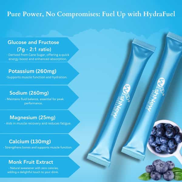 Wishnew Wellness Hydrafuel: Electrolyte-Rich Hydration Solution For Energy & Stamina (Blueberry)