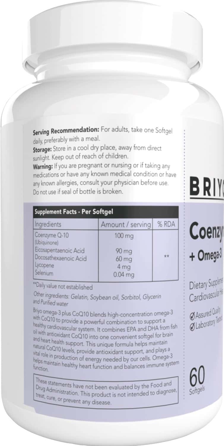Buy BRIYO COENZYME Q10 PLUS OMEGA 3 60 SOFTGELS BOTTLE Online & Get