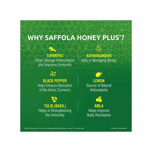 Saffola Honey Plus Turmeric Ashwagandha Black Pepper Lemon Tulsi Amla - 250Gm (Pack Of 2)