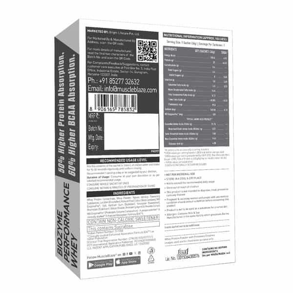 Muscleblaze Biozyme Performance Whey Protein (Magical Mango - 36G)| Labdoor Usa Certified Eaf