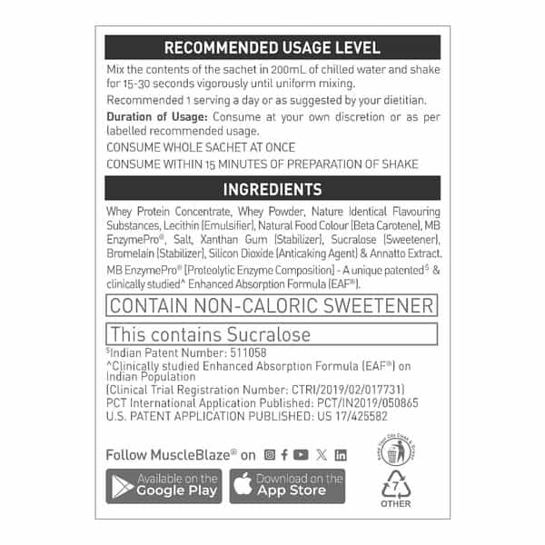 Muscleblaze Biozyme Performance Whey Protein (Magical Mango - 36G)| Labdoor Usa Certified Eaf