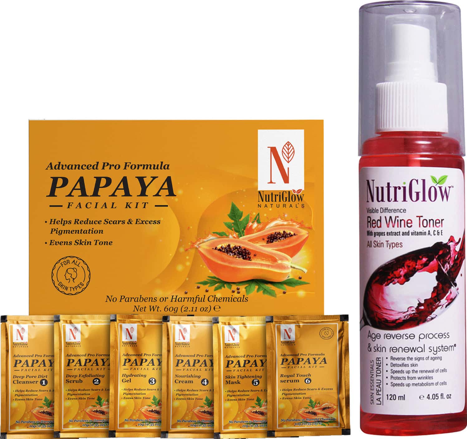 Nutriglow Natural'S Advanced Pro Formula Set Of 2 Papaya Facial Kit 60gm & Red Wine Toner 100ml