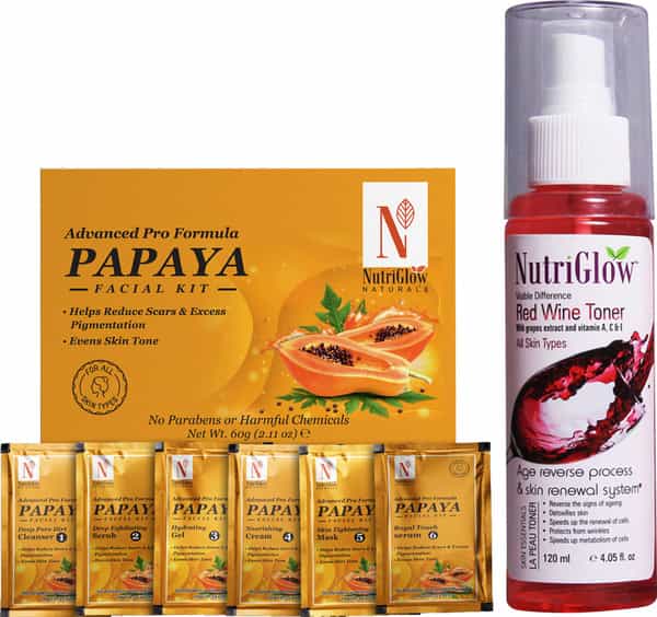 Nutriglow Natural's Advanced Pro Formula Set Of 2 Papaya Facial Kit 60Gm & Red Wine Toner 100Ml