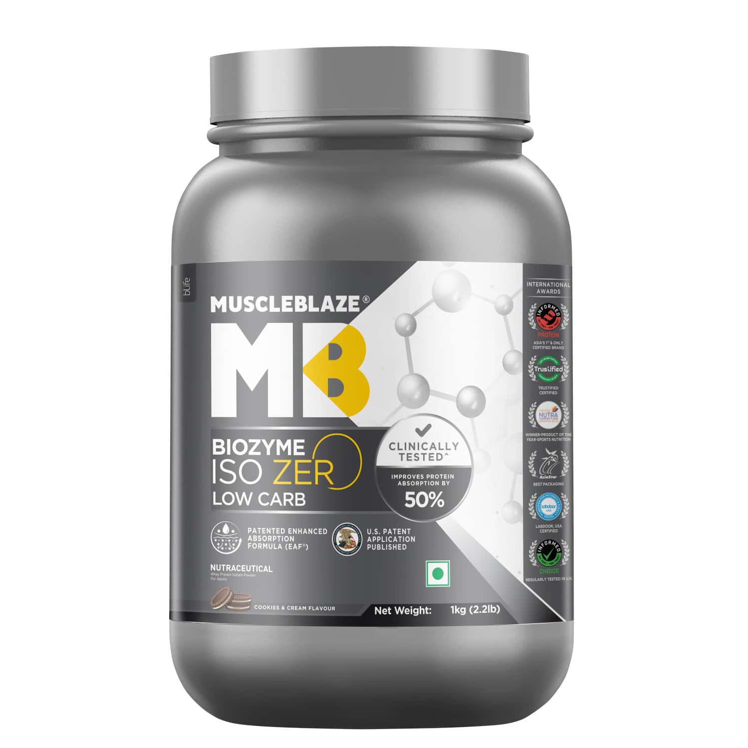 Muscleblaze Biozyme Iso - Zero | Low Carb | 100 Pure Whey Protein Isolate (cookies & Cream | 1 Kg)