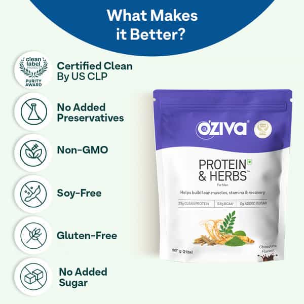Oziva Protein & Herbs For Men Chocolate 2Kg (1Kg Each) | For Muscle Building