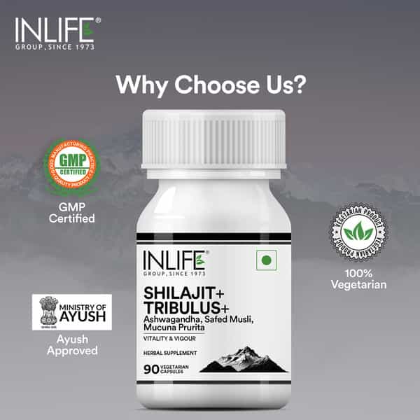 Inlife Shilajit With Safed Musli | Ashwagandha | Tribulus (Gokshura) Veg Capsules | Men & Women 90N