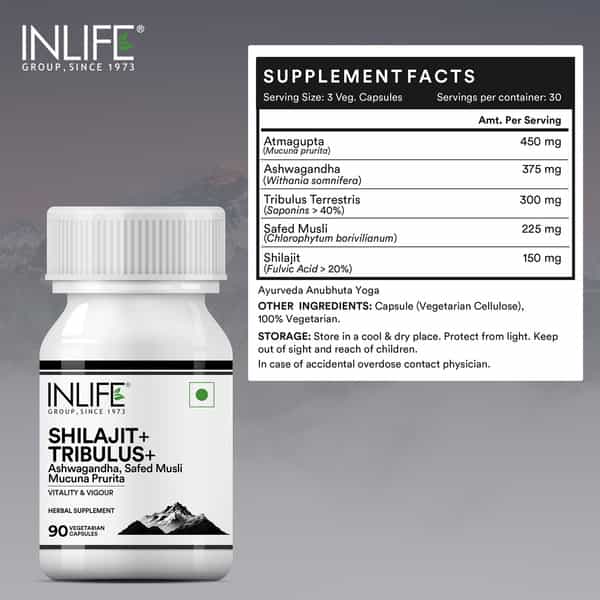Inlife Shilajit With Safed Musli | Ashwagandha | Tribulus (Gokshura) Veg Capsules | Men & Women 90N