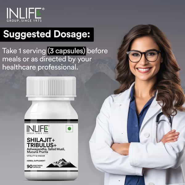 Inlife Shilajit With Safed Musli | Ashwagandha | Tribulus (Gokshura) Veg Capsules | Men & Women 90N