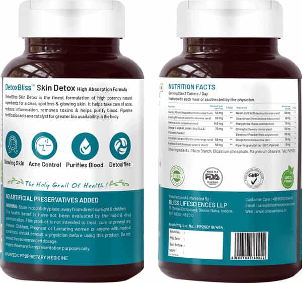 Bliss Welness Skin Detox For Anti Acne Pimple Control Toxins Removal Supplement - 60 Veg Tablets