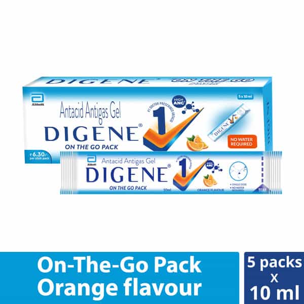 Digene Orange Flavour Antacid Antigas Gel Travel Pack 10Ml (Pack Of 5)