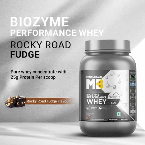 Muscleblaze Biozyme Performance Whey Protein Powder | Rocky Road Fudge (1Kg) | 25G Protein