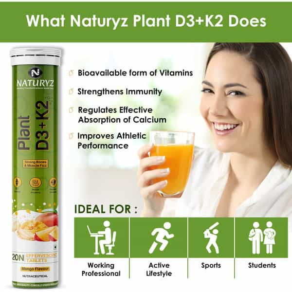Naturyz 100% Plant Vitamin D3 K2 | Supports Stronger Immunity | Bone & Heart Health (20 Tablets)