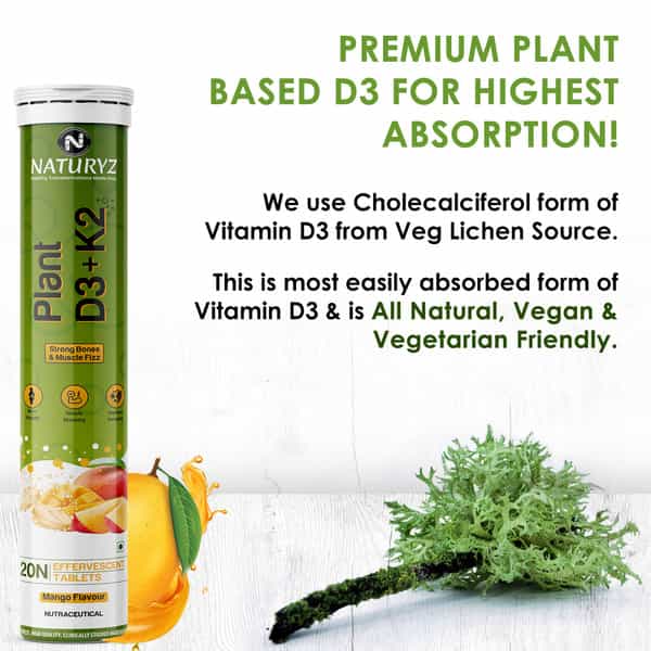 Naturyz 100% Plant Vitamin D3 K2 | Supports Stronger Immunity | Bone & Heart Health (20 Tablets)