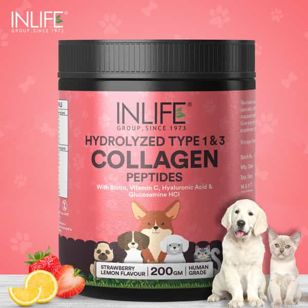Inlife Collagen For Dogs & Cats| Hydrolyzed Collagen Powder | 200G (Strawberry & Lemon)
