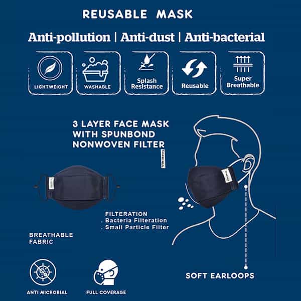 Carriall Adult Unisex 3 Layer Reusable Washable Cotton Mask (Camsl088) Pack Of 3