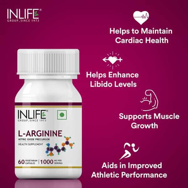 Inlife L-Arginine 1000Mg (60 Vegetarian Capsules) Per Serving Nitric Oxide Precursor
