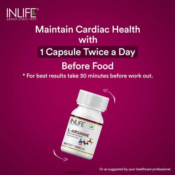 Inlife L-Arginine 1000Mg (60 Vegetarian Capsules) Per Serving Nitric Oxide Precursor