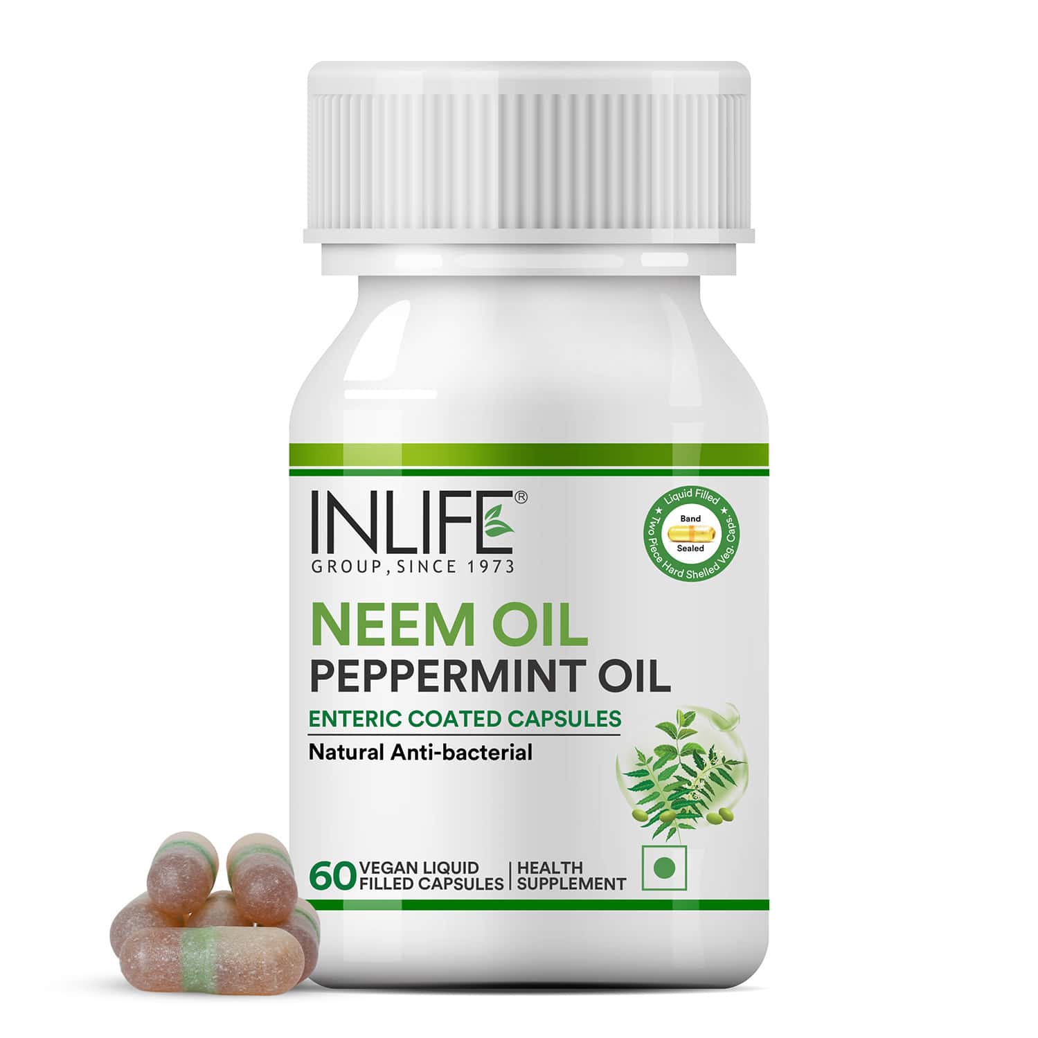Inlife Neem Oil 350mg With Peppermint Oil 150mg For Digestive Health & Skin - 60 Vegetarian Capsules