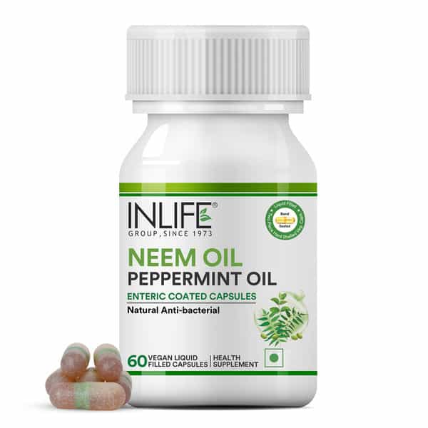 Inlife Neem Oil 350Mg With Peppermint Oil 150Mg For Digestive Health & Skin - 60 Vegetarian Capsules