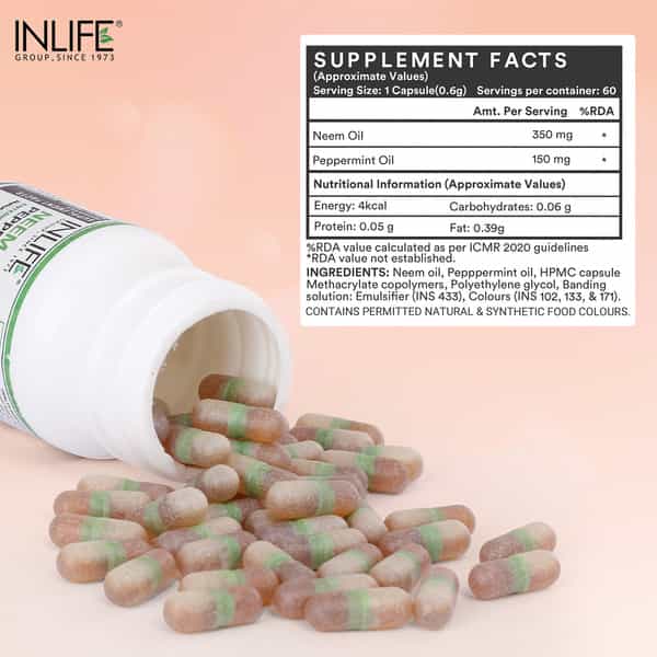 Inlife Neem Oil 350Mg With Peppermint Oil 150Mg For Digestive Health & Skin - 60 Vegetarian Capsules