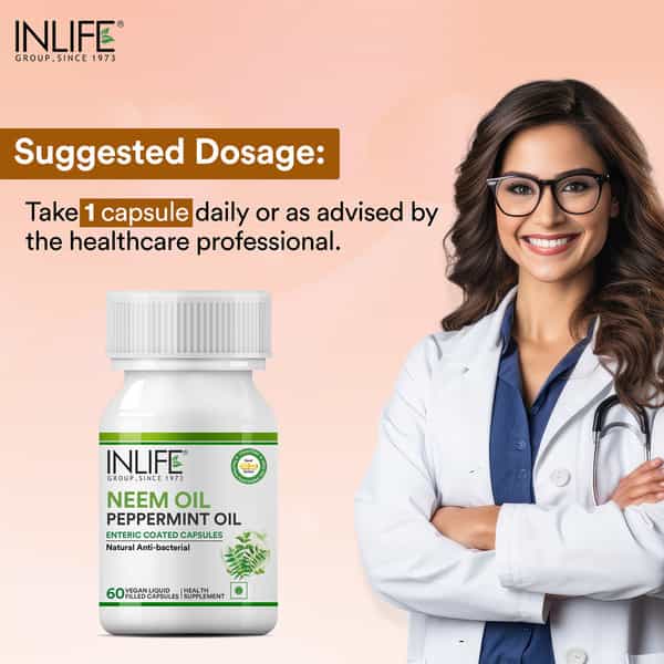 Inlife Neem Oil 350Mg With Peppermint Oil 150Mg For Digestive Health & Skin - 60 Vegetarian Capsules