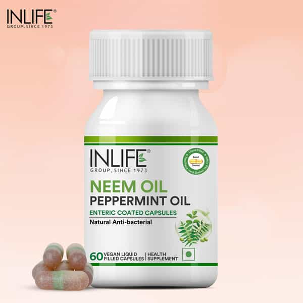 Inlife Neem Oil 350Mg With Peppermint Oil 150Mg For Digestive Health & Skin - 60 Vegetarian Capsules