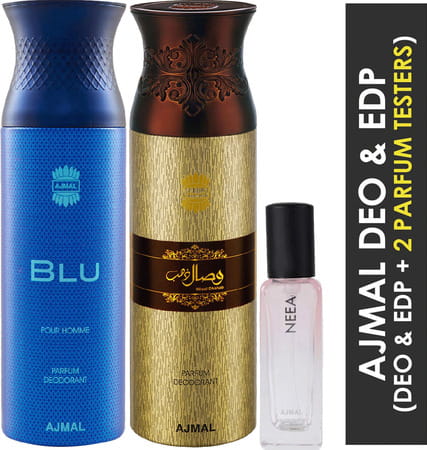Ajmal Blu Homme & Wisal Dhahab Deo Each 200ml & Neea Edp 20ml Pack Of 3 For Unisex + 2 Parfum