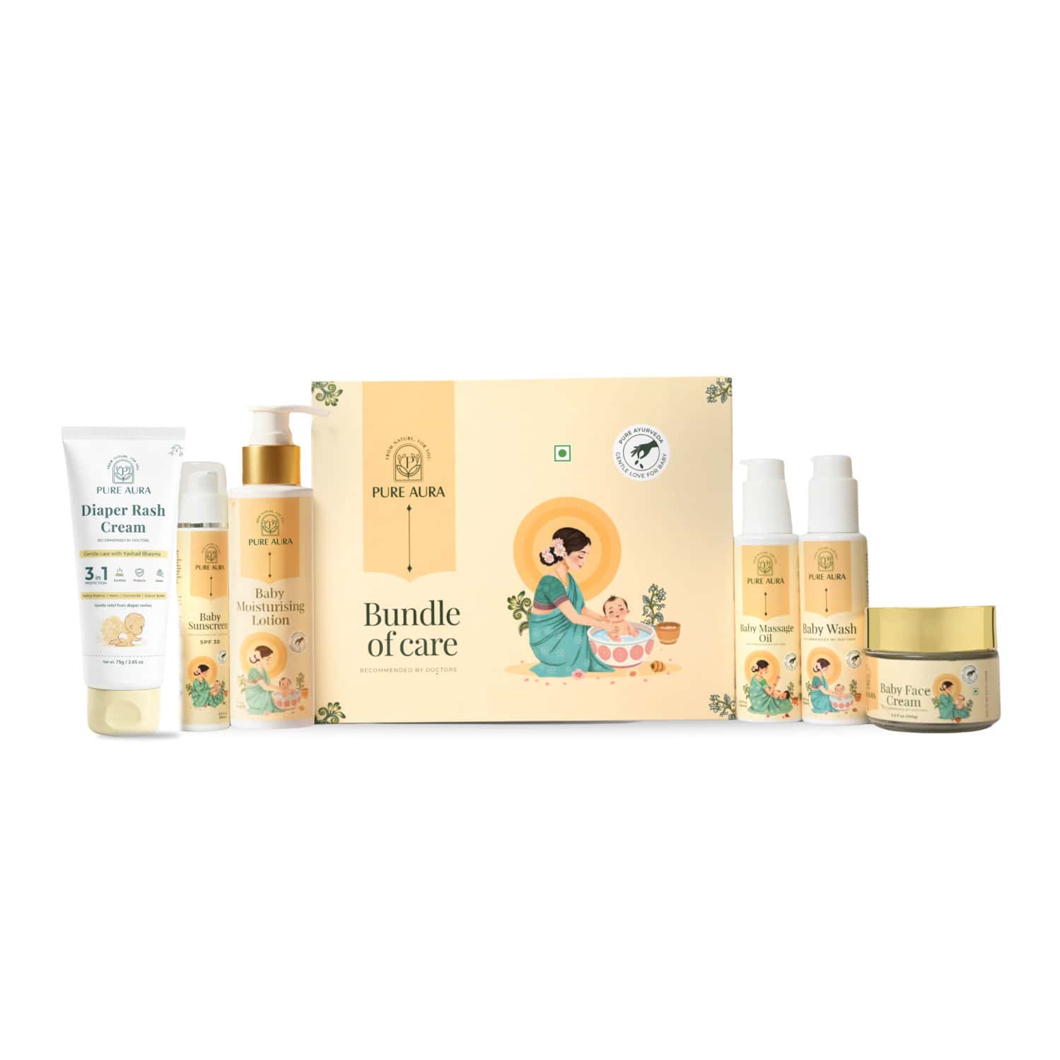 Pure Aura Baby Skincare Kit Ayurvedic Shampoo| Wash Sunscreen| Diaper Rash Cream| Massage Cream&Oil