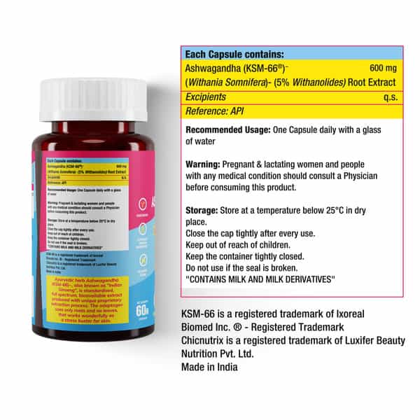 Chicnutrix Ashwagandha Ksm-66|600Mg + 5% Withanolides |Skin De-Stress|60 Caps