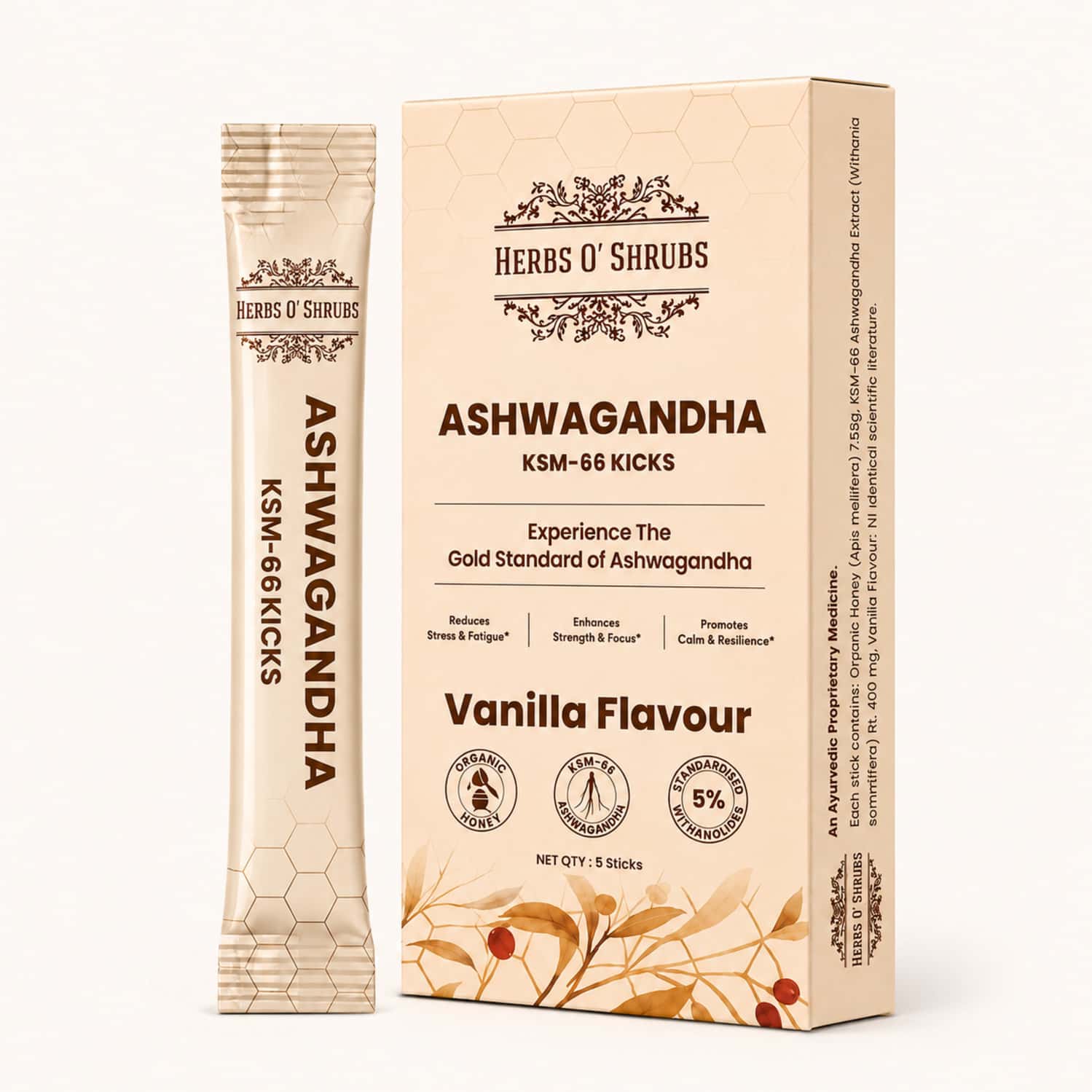 Herbs O' Shrubs Ashwagandha Ksm-66 Kicks | Root Extract With Organic Honey & Vanilla | 5 Sticks