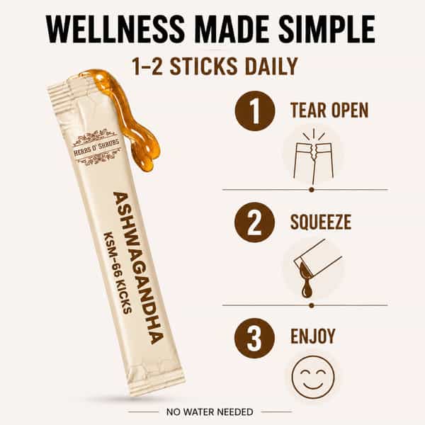 Herbs O' Shrubs Ashwagandha Ksm-66 Kicks | Root Extract With Organic Honey & Vanilla | 5 Sticks
