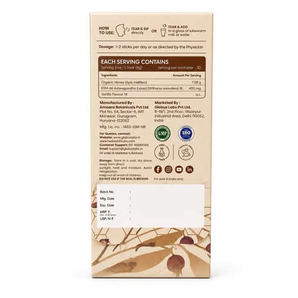 Herbs O' Shrubs Ashwagandha Ksm-66 Kicks | Root Extract With Organic Honey & Vanilla | 5 Sticks