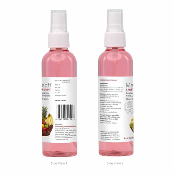 Maxisoft Fruit Basket Sanitizer Spray | Aloe Vera Neem & Vitamin E (120 Ml Pack Of 8)