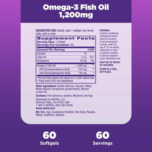Natrol Omega-3 Fish Oil Softgels | Heart Health Dietary Supplement | 1200 Mg | 60 Count