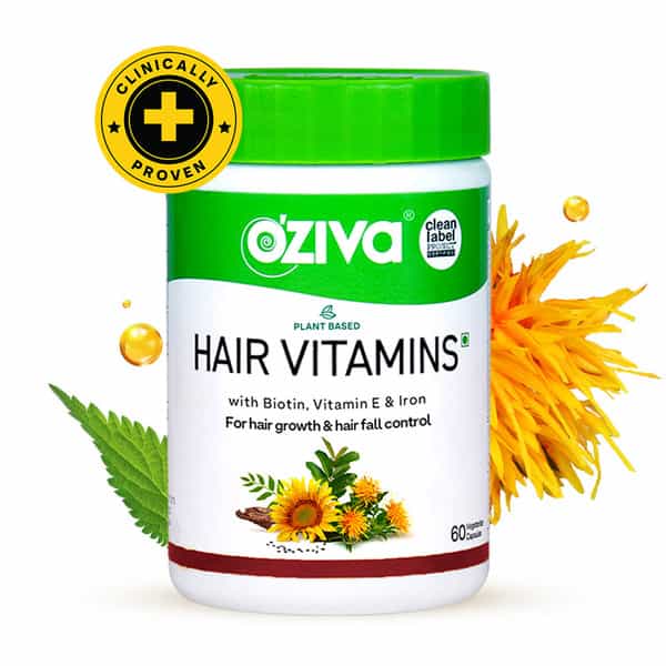 Oziva Plant Based Hair Vitamins | Omega-3 + Biotin | Hair Fall Control & Growth | 60 Capsules