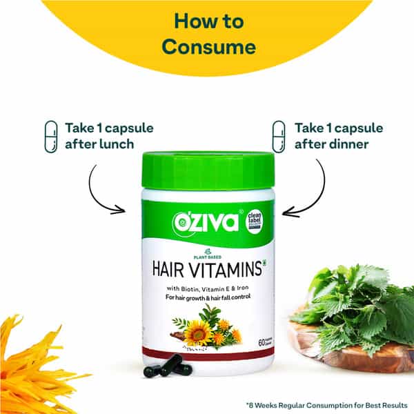 Oziva Plant Based Hair Vitamins | Omega-3 + Biotin | Hair Fall Control & Growth | 60 Capsules